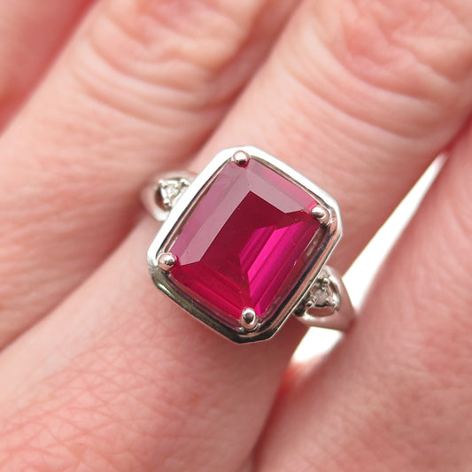 925 Sterling Silver Real Diamond & Lab-Created Ruby Ring Size 7.25