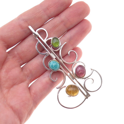 935 Silver Vintage Real Amazonite Tourmaline Citrine & Peridot Modernist Pendant