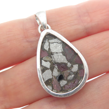 925 Sterling Vintage Real Pyrite Tourmaline & Red Garnet Inlay Modernist Pendant