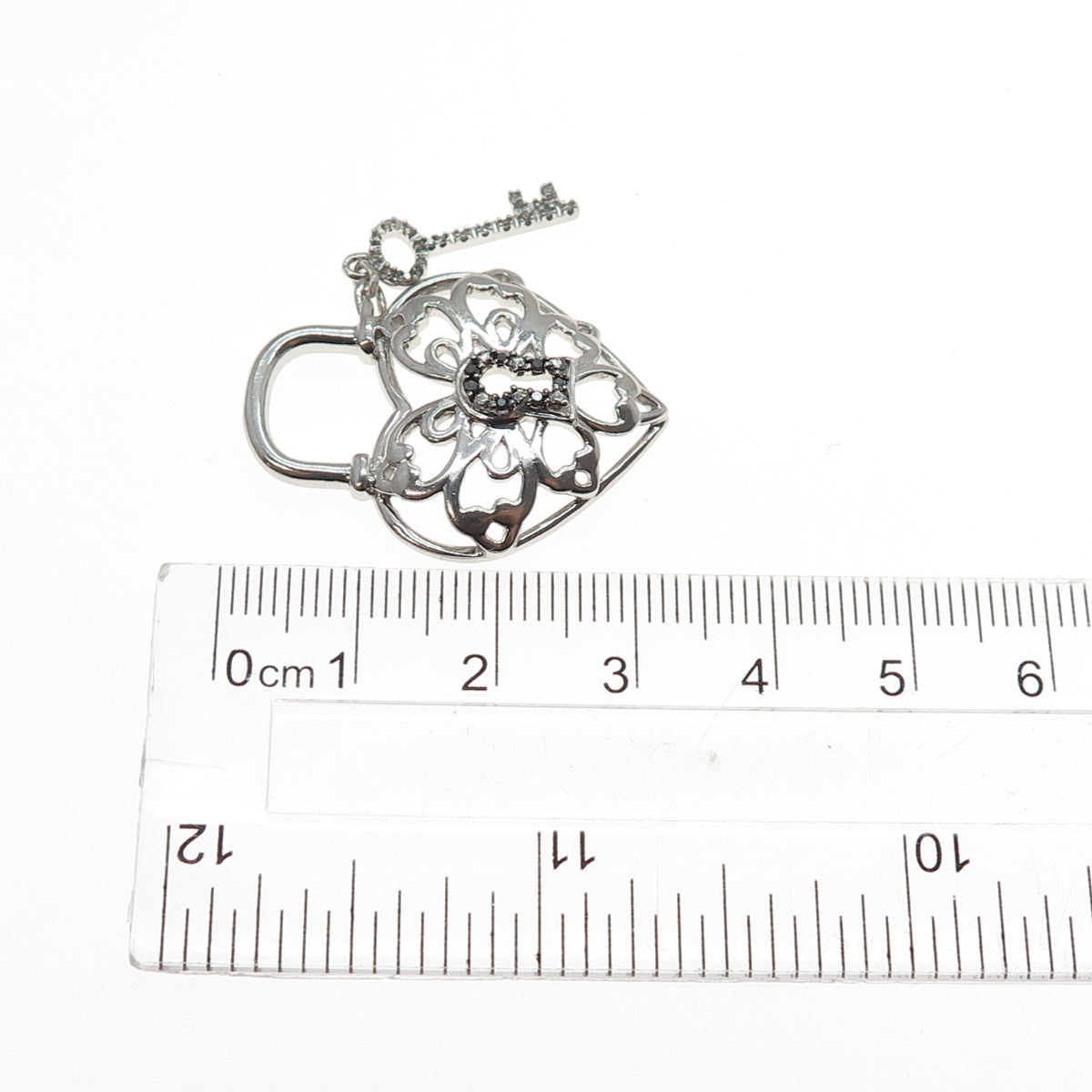 JANE SEYMOUR Sterling Silver Real Black & White Diamond Heart Lock Key Pendant