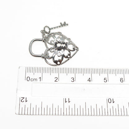 JANE SEYMOUR Sterling Silver Real Black & White Diamond Heart Lock Key Pendant