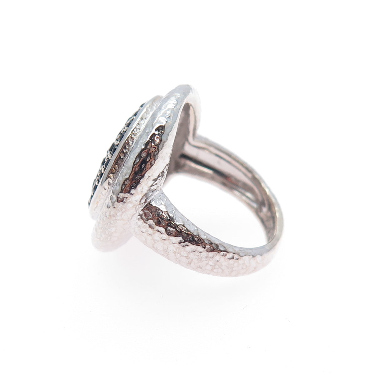 925 Sterling Silver Real Round-Cut Black Spinel Hammered Ring Size 4