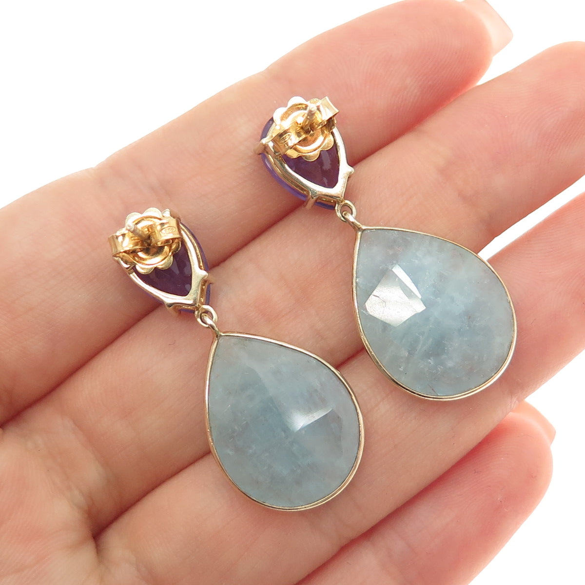 925 Sterling Silver Gold Plated Real Milky Aquamarine & Amethyst Dangle Earrings