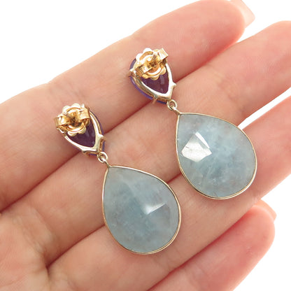 925 Sterling Silver Gold Plated Real Milky Aquamarine & Amethyst Dangle Earrings