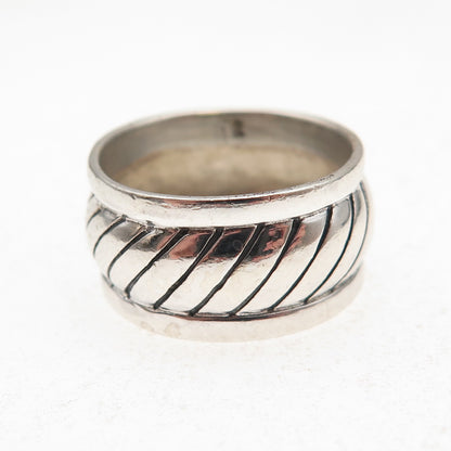 925 Sterling Silver Vintage Modernist Ribbed Oxidized Wide Band Ring Size 6.75