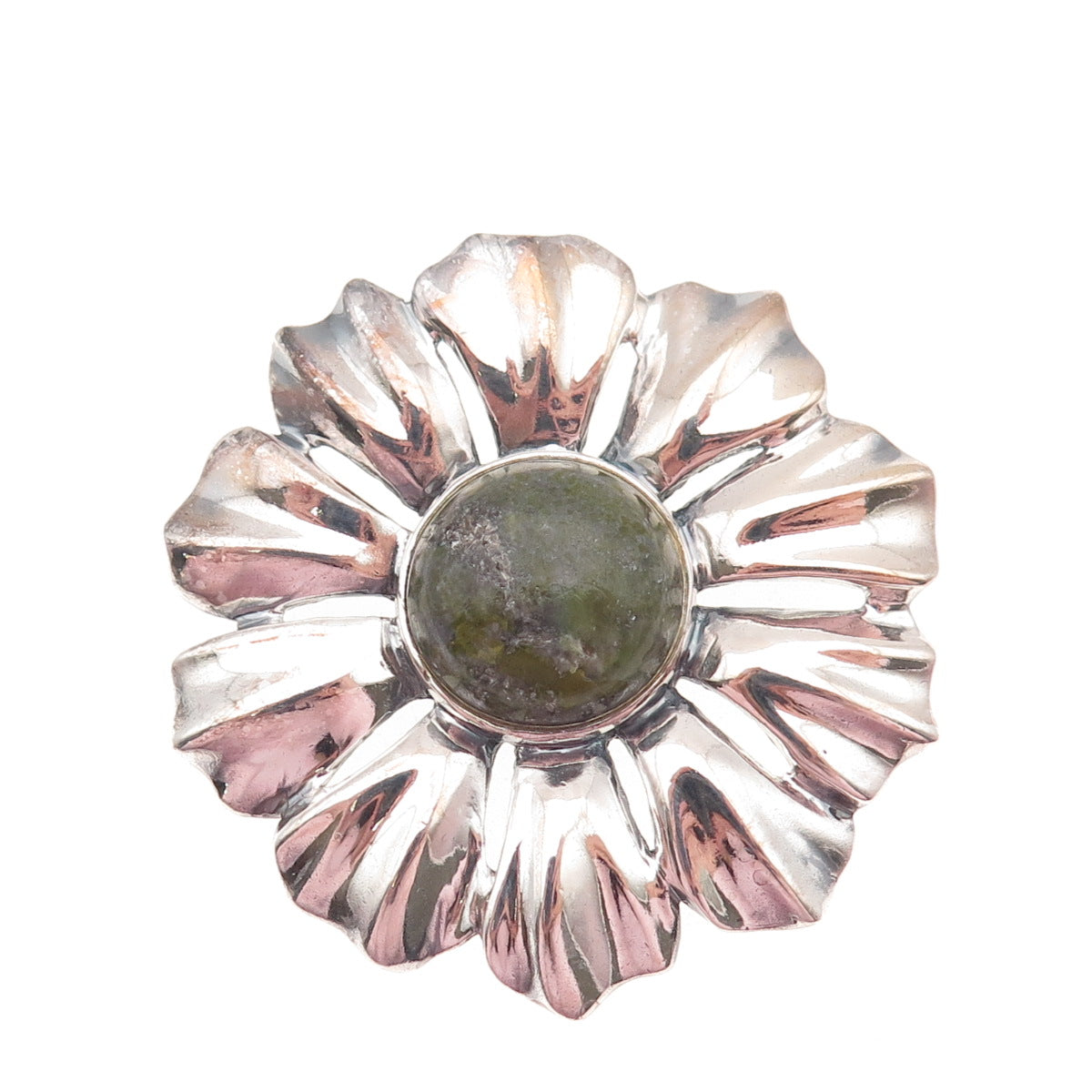 925 Sterling Silver Vintage Ireland Connemara Marble Flower Pin Brooch / Pendant