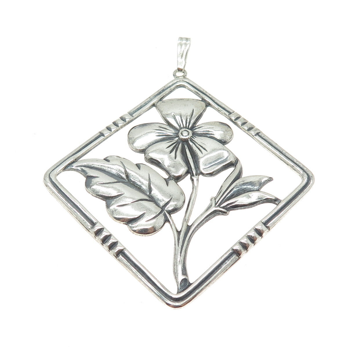 925 Sterling Silver Antique Art Deco Flower Square Oxidized Pendant