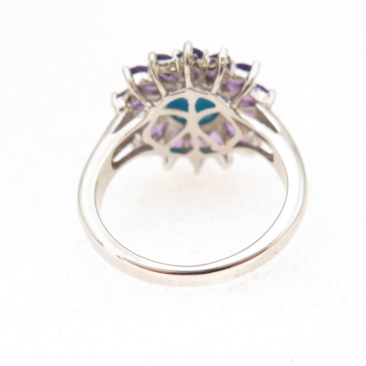 Chuck Clemency 925 Sterling Silver Real Turquoise & Amethyst Floral Ring Size 8