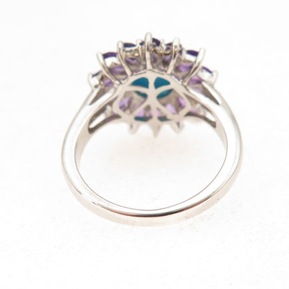 Chuck Clemency 925 Sterling Silver Real Turquoise & Amethyst Floral Ring Size 8