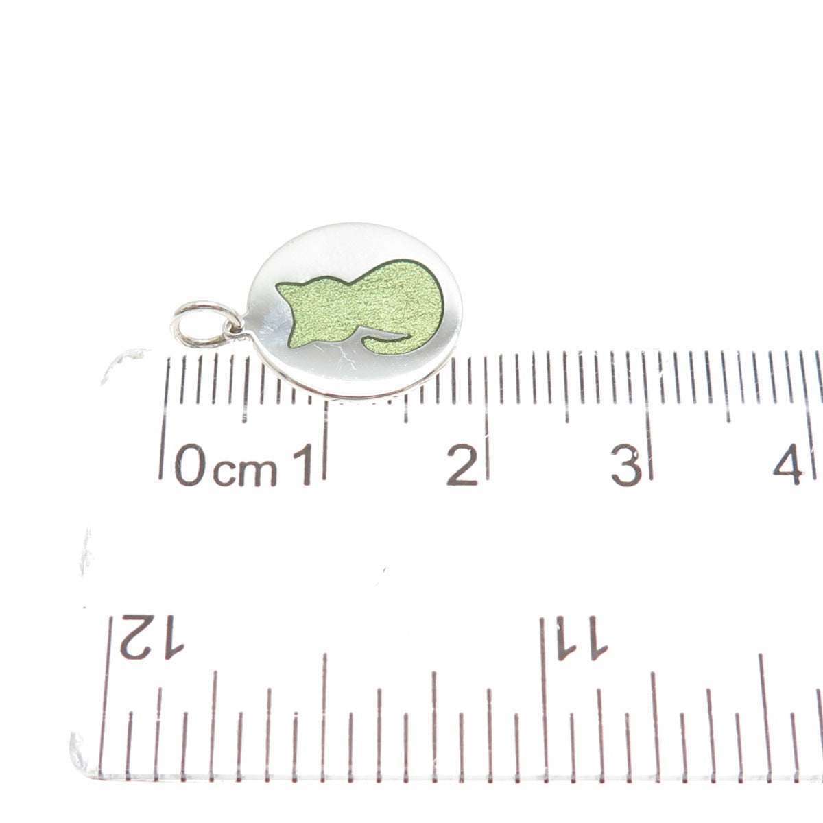 925 Sterling Silver Green Enamel Cat Round Tag Minimalist Charm Pendant