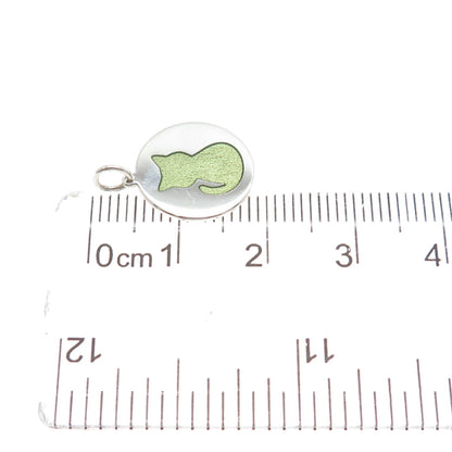 925 Sterling Silver Green Enamel Cat Round Tag Minimalist Charm Pendant