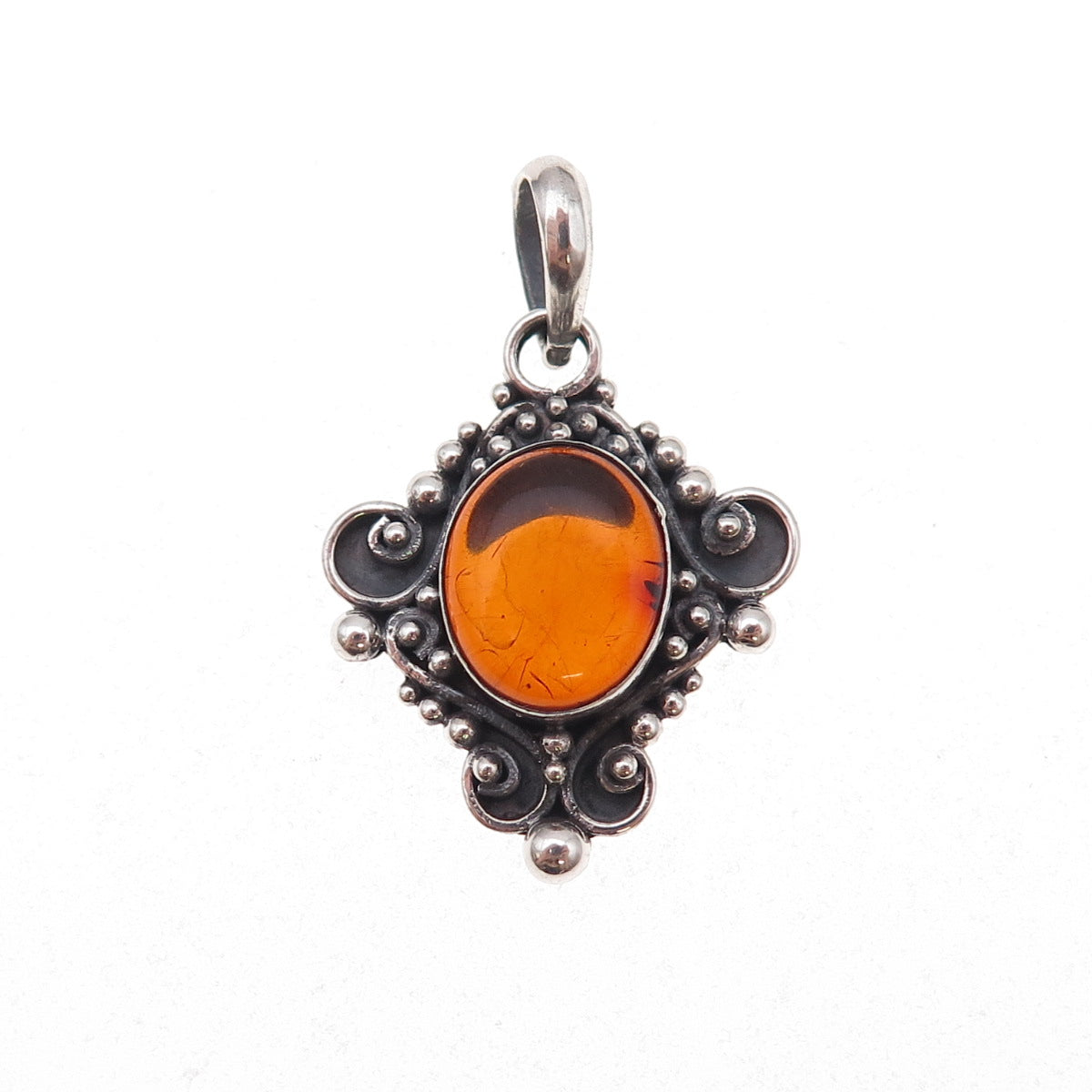 925 Sterling Silver Vintage Real Amber Beaded Oxidized Charm Pendant