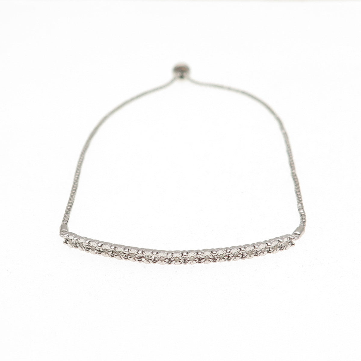 925 Sterling Silver Real Diamond Adjustable Bolo Round Box Link Bracelet 7-10"