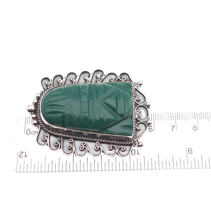 925 Sterling Silver Vintage Mexico Real Green Onyx Aztec God Pin Brooch