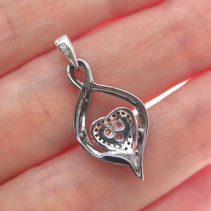 925 Sterling Silver Black Rhodium Round-Cut C Z Twisted Heart Charm Pendant