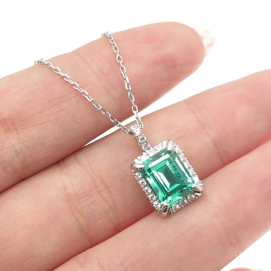 925 Sterling Silver Emerald & Round-Cut C Z Cable Chain Necklace 16-18"