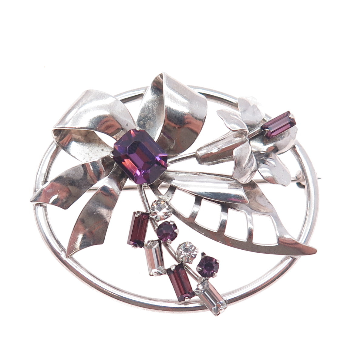 CARL ART 925 Sterling Silver Antique Purple & White Rhinestone Bow Pin Brooch