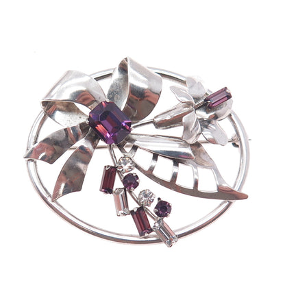 CARL ART 925 Sterling Silver Antique Purple & White Rhinestone Bow Pin Brooch