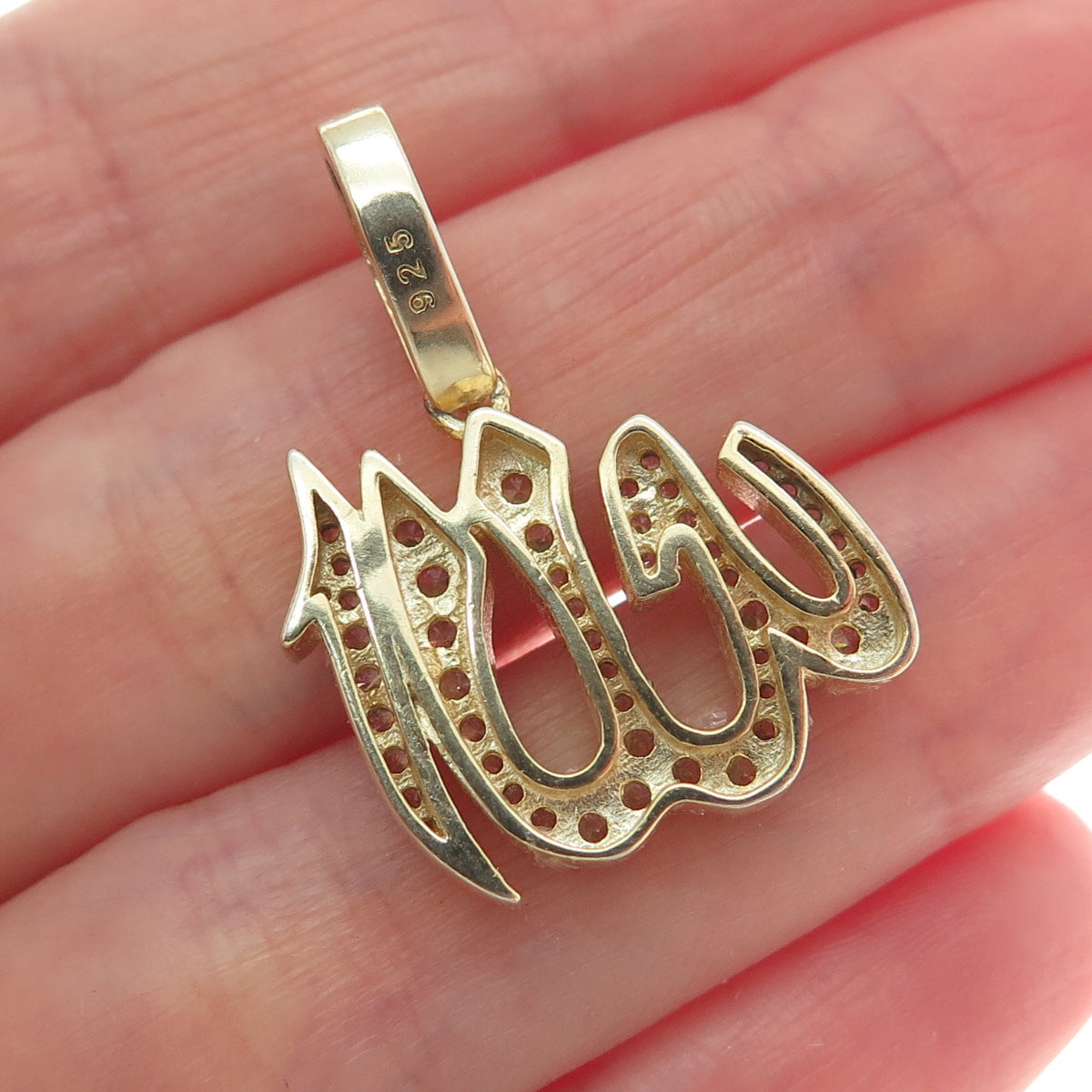 925 Sterling Silver Gold Plated C Z Muslims Allah Religious Pendant