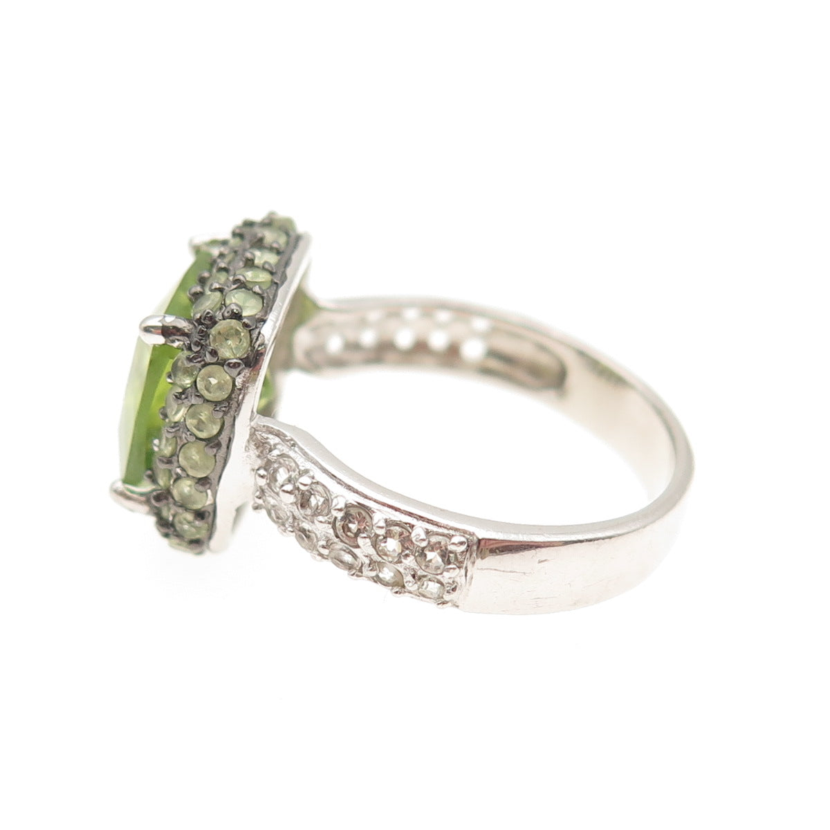 925 Sterling Silver Real Cushion & Round-Cut Peridot White Topaz Ring Size 7.25