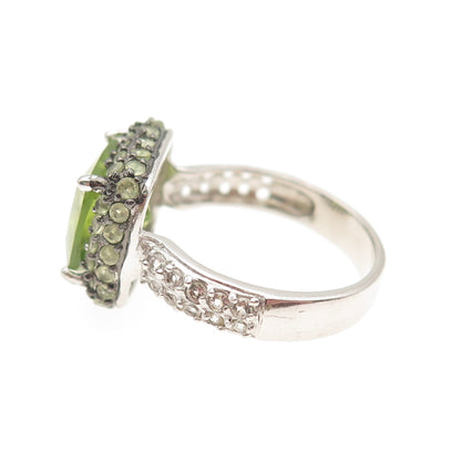 925 Sterling Silver Real Cushion & Round-Cut Peridot White Topaz Ring Size 7.25