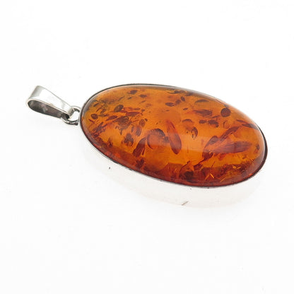 925 Sterling Silver Vintage Poland Real Cabochon Amber Oval Pendant