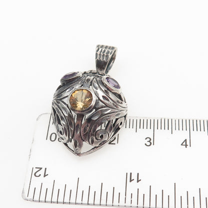 925 Sterling Silver Vintage Real Citrine & Amethyst Oxidized Charm Pendant