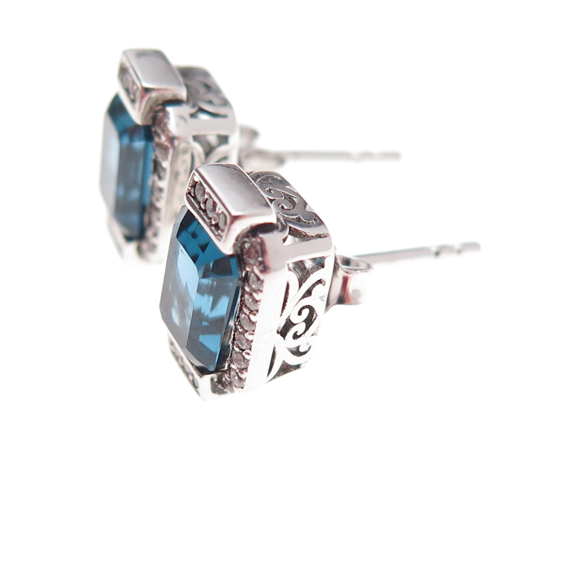 Han 925 Sterling Silver Emerald-Cut Blue & Round-Cut White C Z Stud Earrings