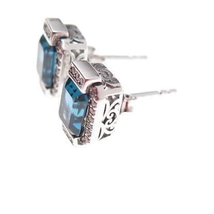 Han 925 Sterling Silver Emerald-Cut Blue & Round-Cut White C Z Stud Earrings