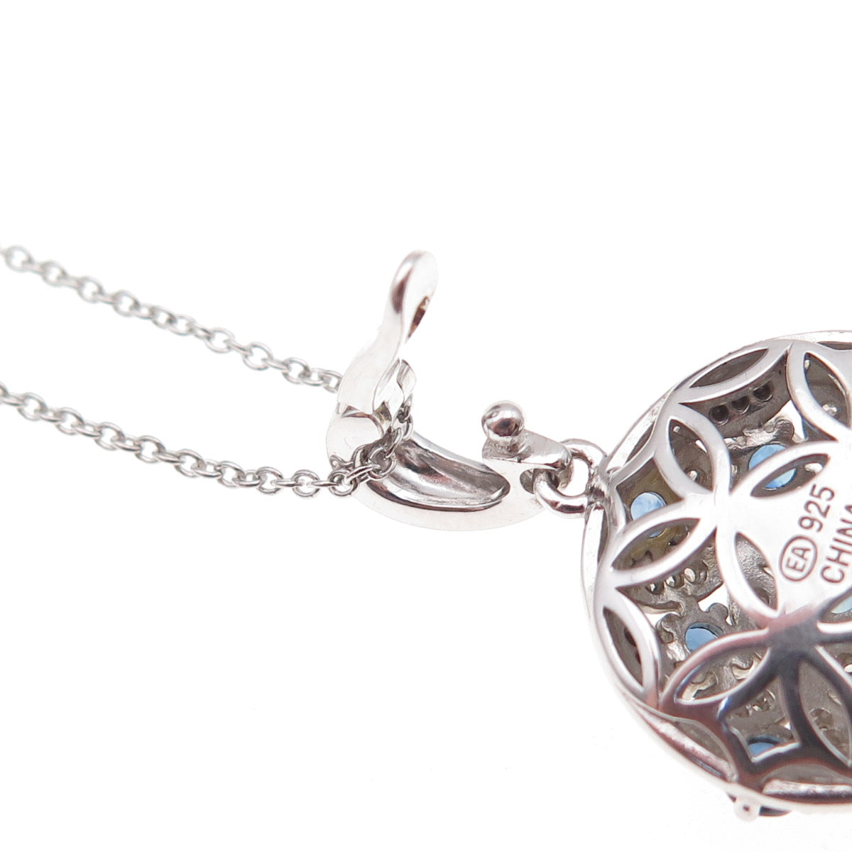 925 Sterling Silver Real Diamond & Sapphire Floral Cable Chain Necklace 18"