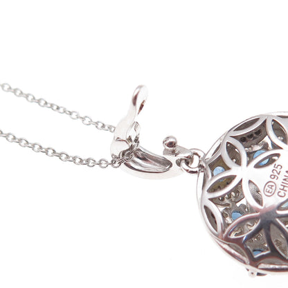 925 Sterling Silver Real Diamond & Sapphire Floral Cable Chain Necklace 18"