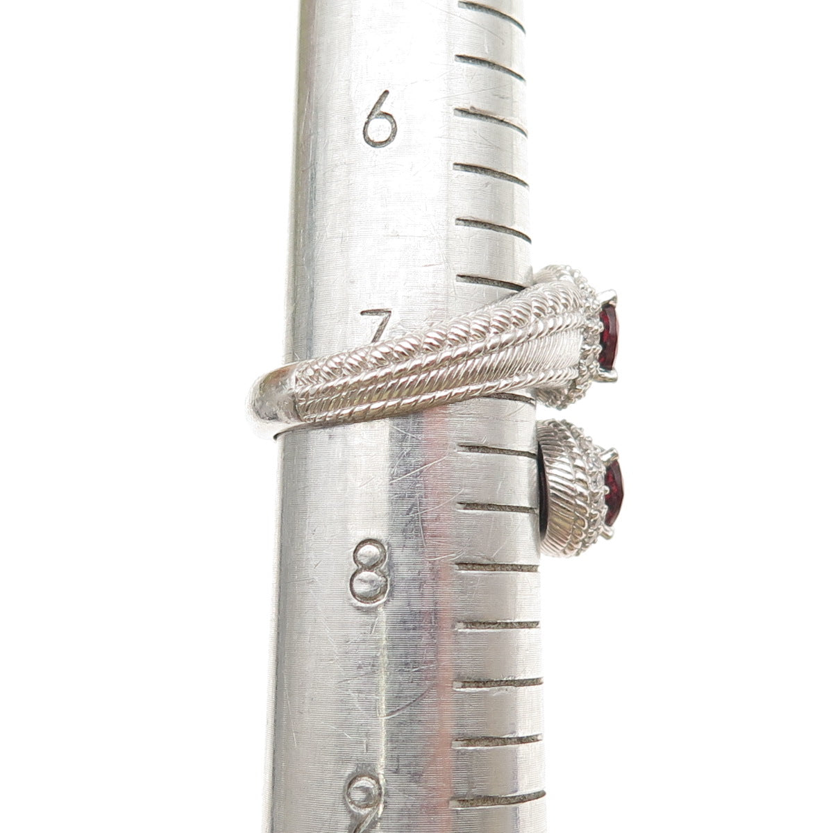 JUDITH RIPKA 925 Sterling Silver Red & White C Z Adjustable Bypass Ring Size 7.5