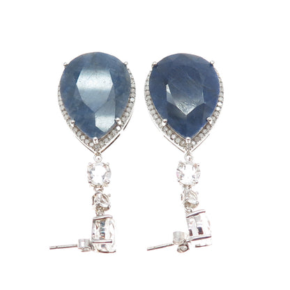 925 Sterling Silver Real Diamond White Topaz & Sapphire Dangle Earrings