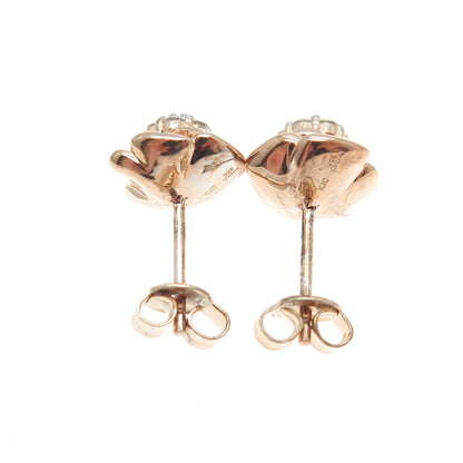 925 Sterling Silver Rose Gold Plated Real Round-Cut Diamond Flower Stud Earrings