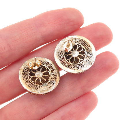 925 Sterling Silver Gold Plated Vintage Enamel Real Aventurine Floral Earrings