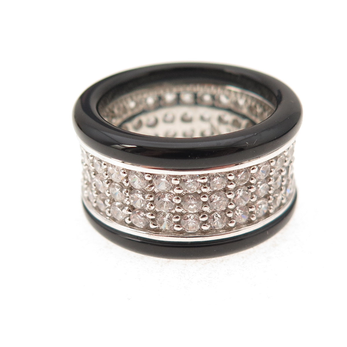 925 Sterling Silver Real Black Onyx & C Z Wide Band Ring Size 7.25
