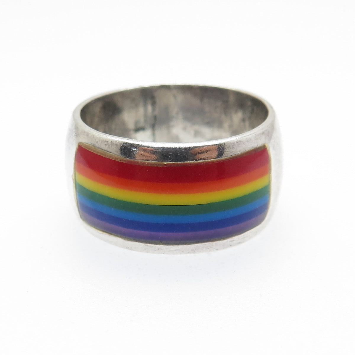 925 Sterling Silver Vintage Enamel Rainbow Band Ring Size 10