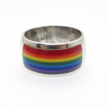 925 Sterling Silver Vintage Enamel Rainbow Band Ring Size 10