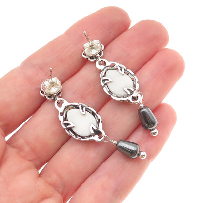 Carolyn Pollack Sterling Silver Vintage Real White Onyx Hematite Floral Earrings