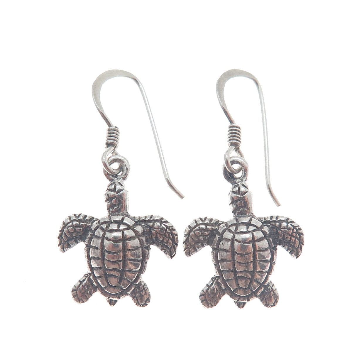 925 Sterling Silver Vintage Turtle Oxidized Dangle Hook Earrings