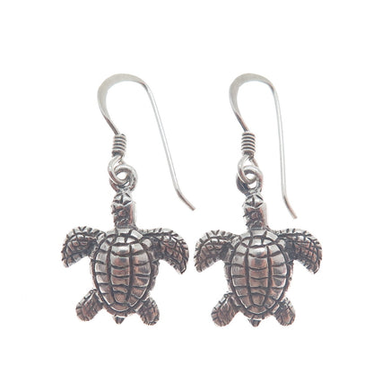 925 Sterling Silver Vintage Turtle Oxidized Dangle Hook Earrings