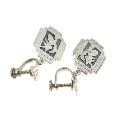 900 Silver Vintage Guatemala Tribal Warrior Oxidized Screw Back Earrings