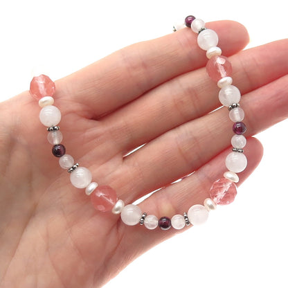 925 Sterling Vintage Rose & Cherry Quartz Tourmaline Beaded Chain Necklace 22"