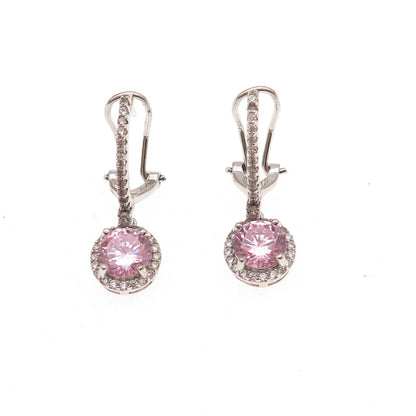 925 Sterling Silver Round-Cut Pink & White C Z Omega Back Dangle Earrings