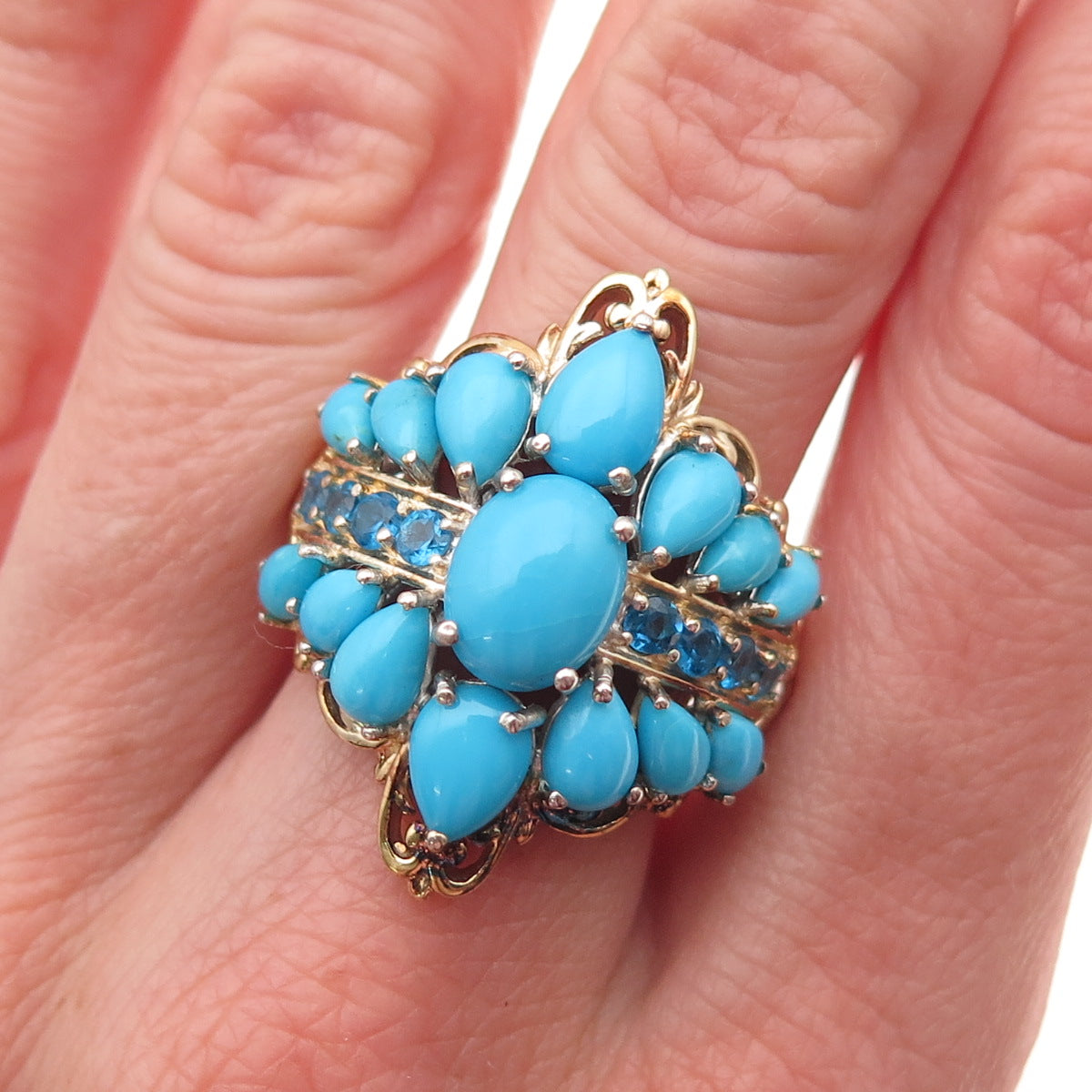 Chuck Clemency 925 Sterling Silver 2-Tone Real Turquoise Apatite Ring Size 8.25