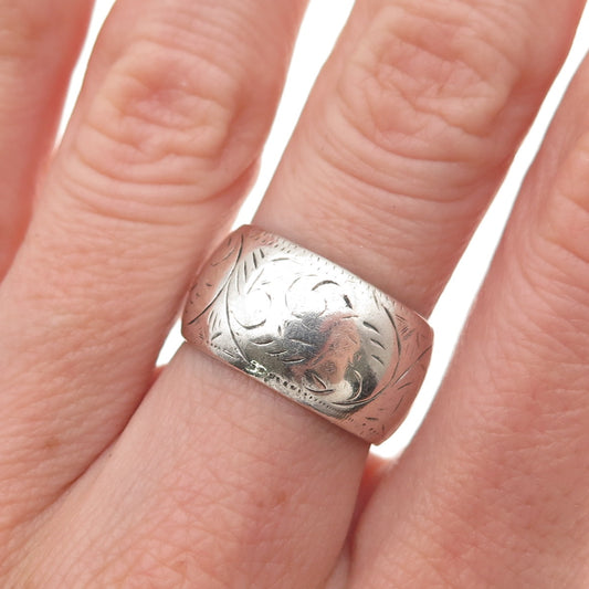 925 Sterling Silver Vintage Engraved Floral Oxidized Wide Band Ring Size 6.75