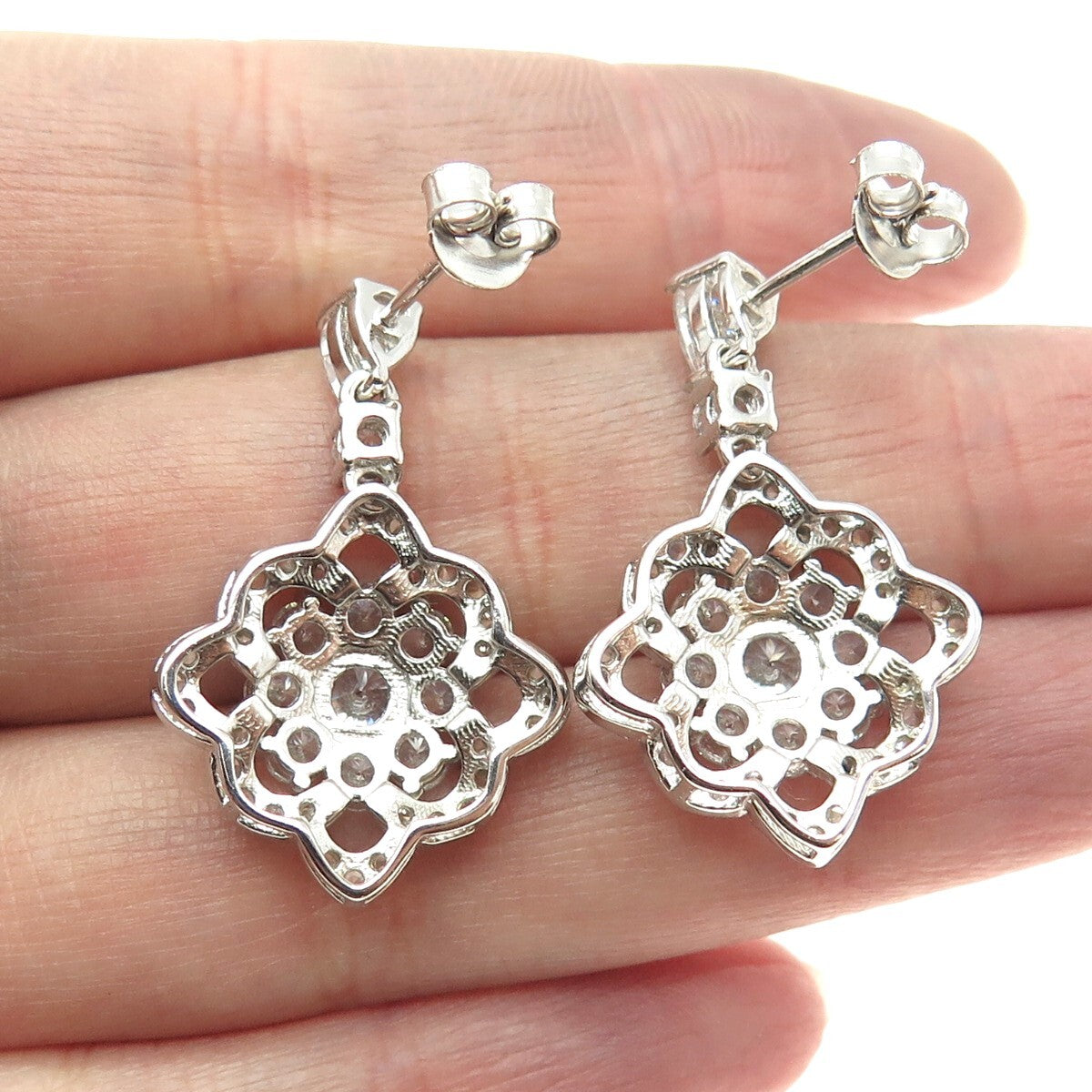 925 Sterling Silver Pear & Round-Cut Shaped C Z Dangle Earrings