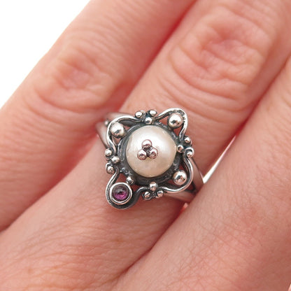 Boma 925 Sterling Silver Vintage Real Pearl & Amethyst Oxidized Ring Size 5