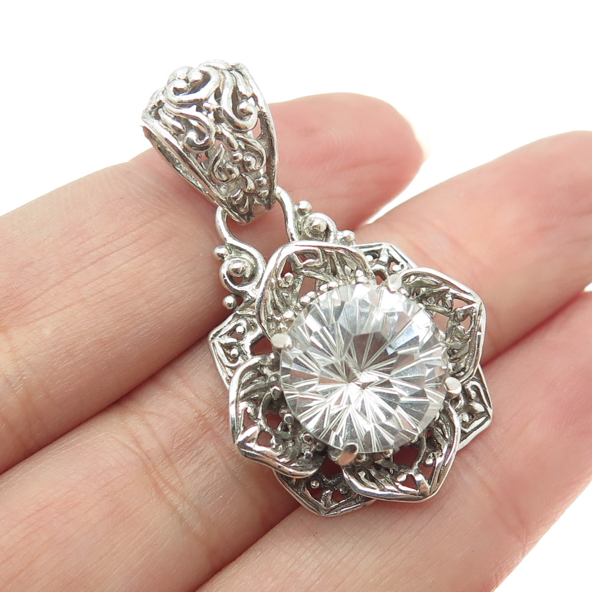 SARDA 925 Sterling Silver Vintage Clear Glass Ornate Pendant