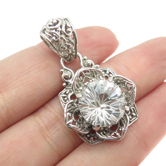 SARDA 925 Sterling Silver Vintage Clear Glass Ornate Pendant